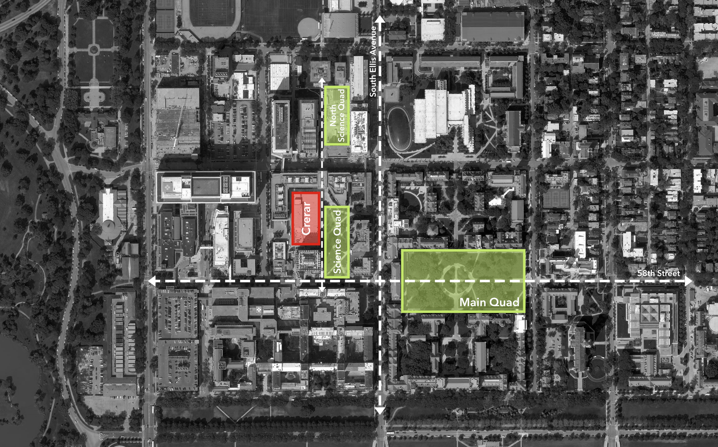 Site plan showing Crerar in relation to major campus green spaces and axes