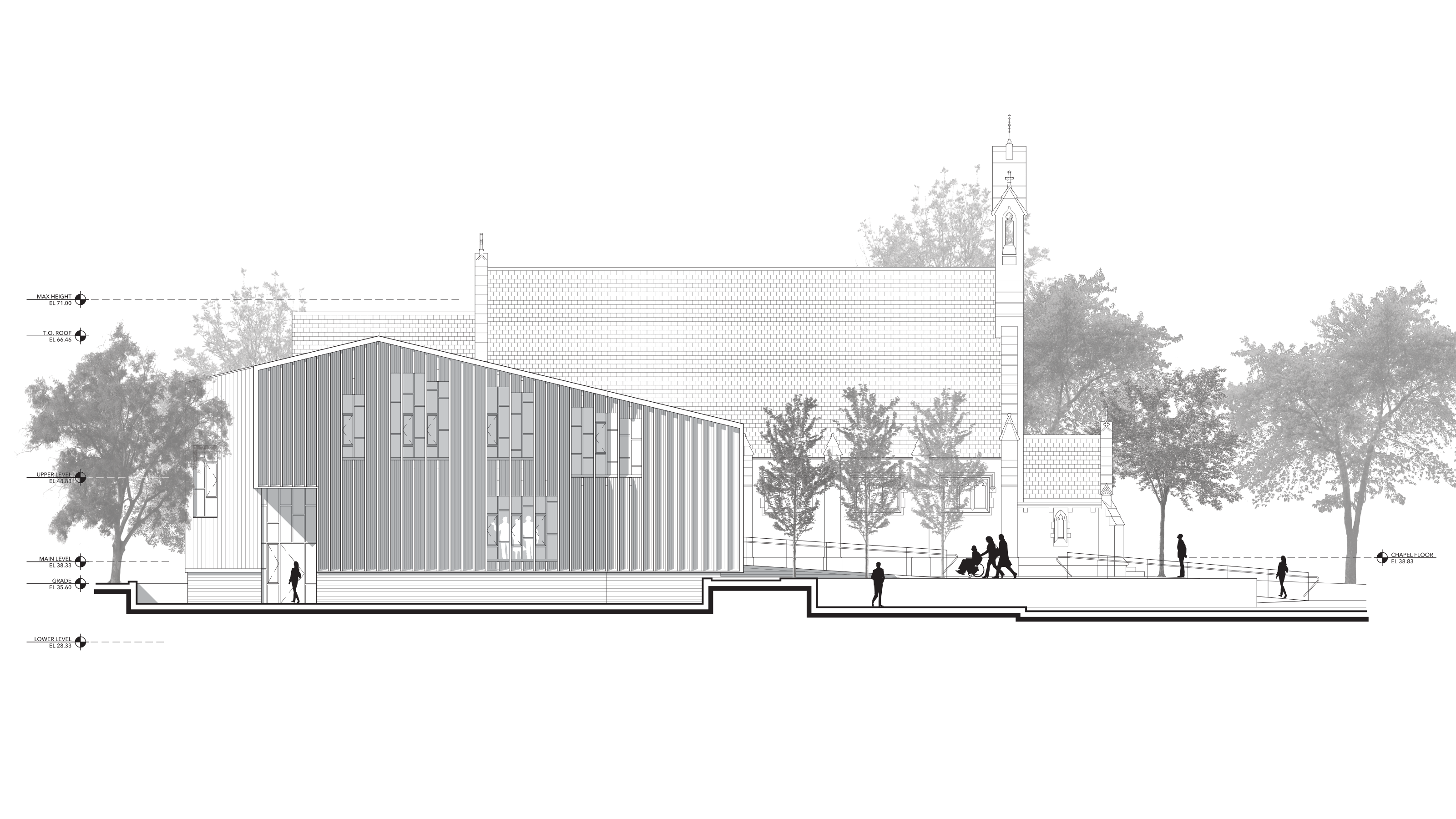North elevation of new annex with Swedenborg Chapel behind