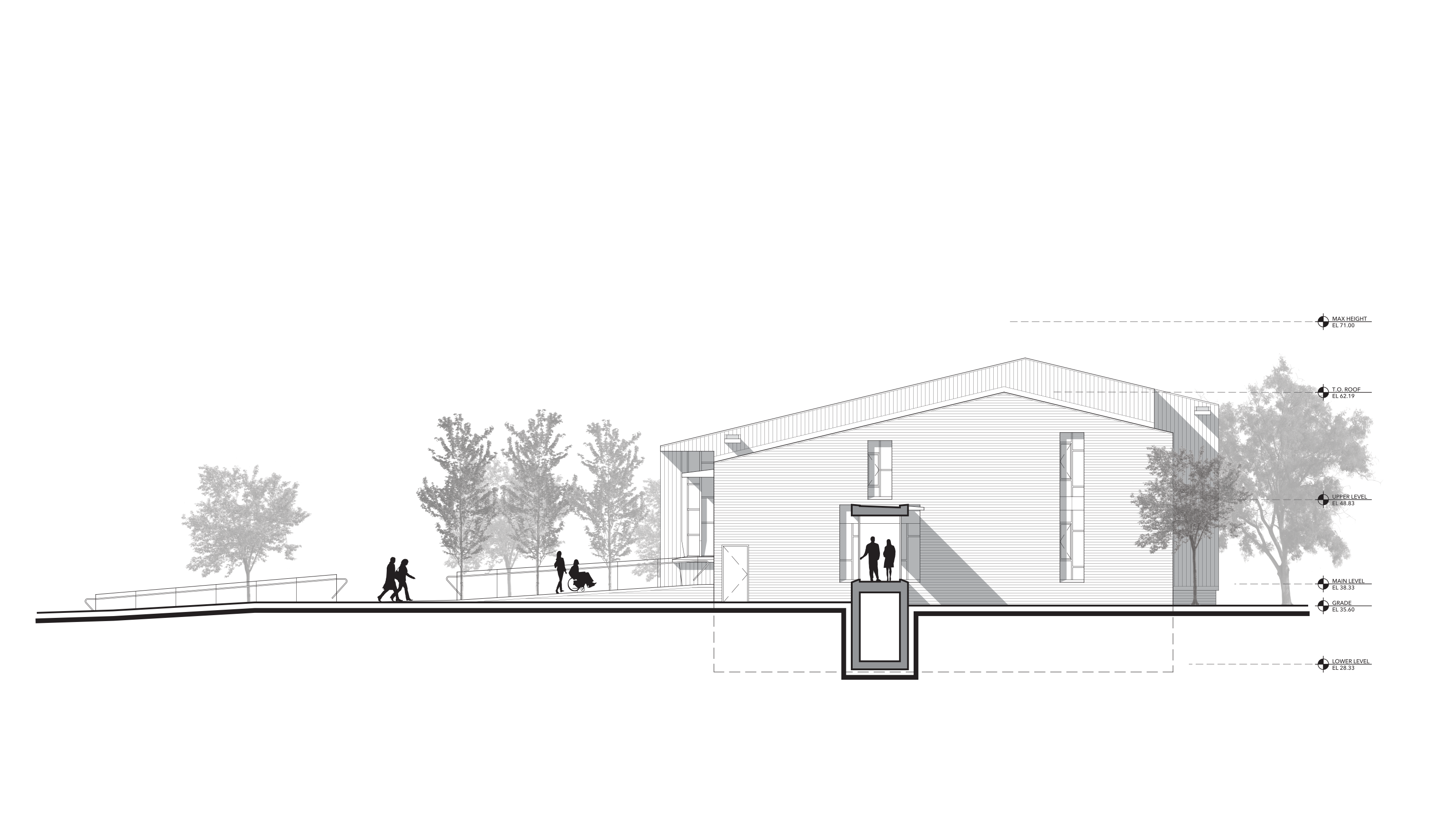 South elevation of new annex with cross section through breezeway connector to chapel