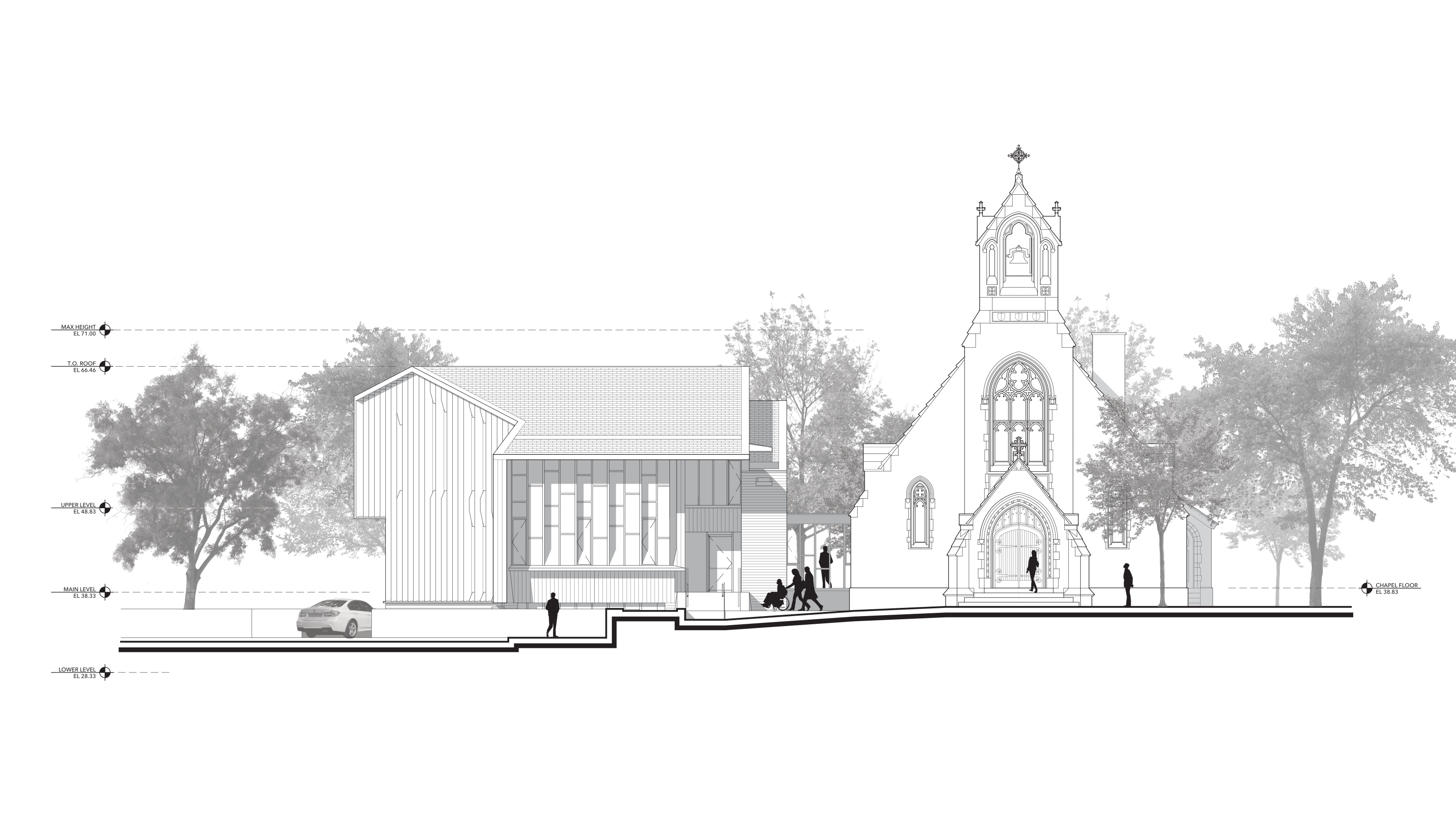 West elevation of Swedenborg Chapel and new annex