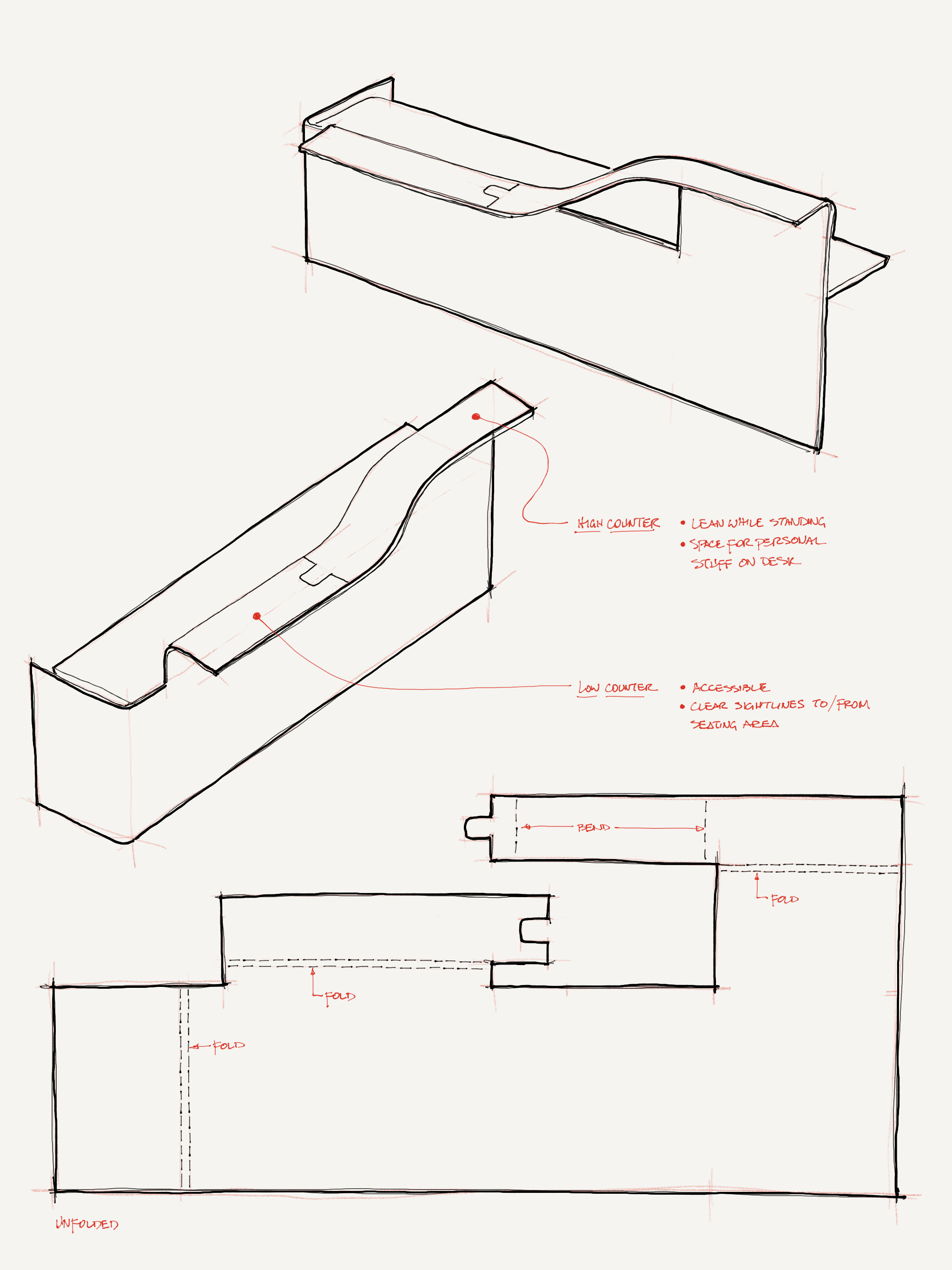 Concept sketch for custom reception desk