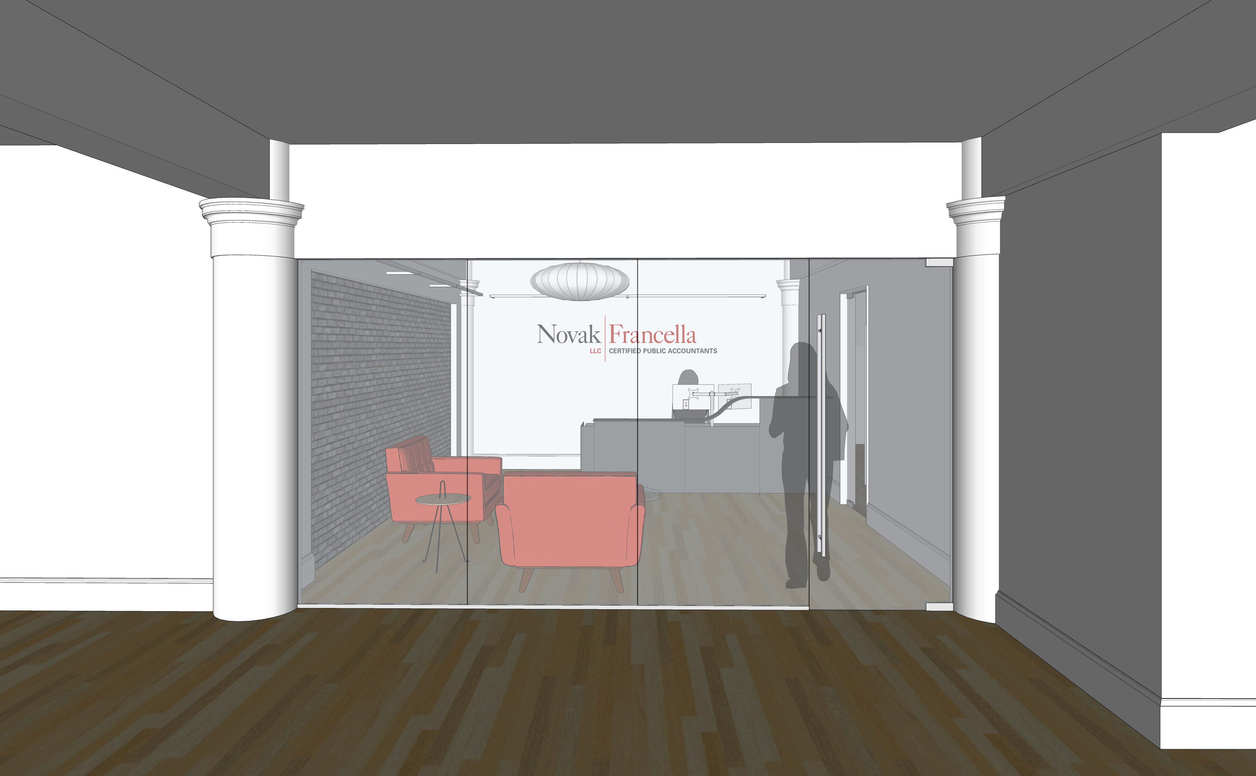 Design rendering showing new reception space from the corridor