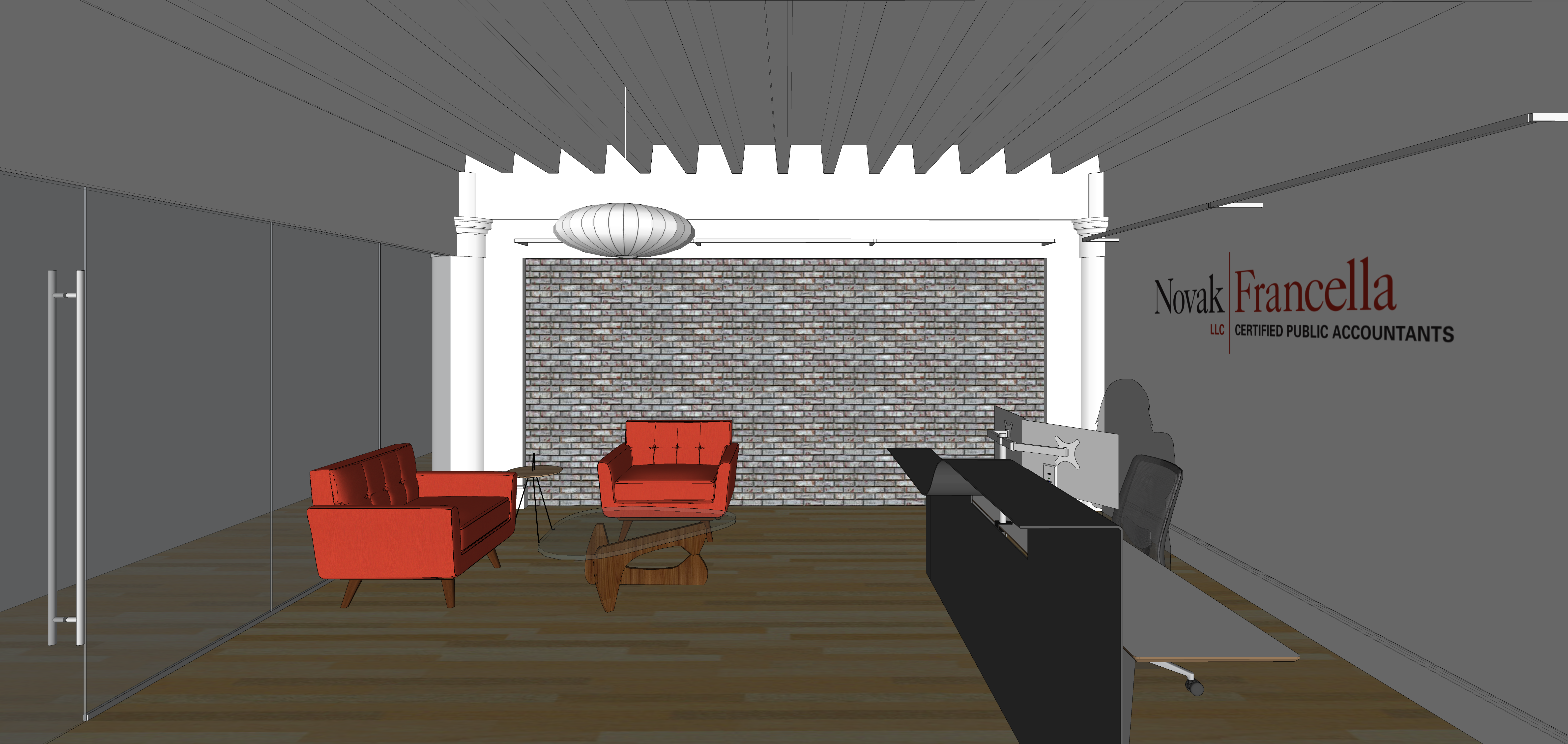 Design rendering of the new reception space viewed from existing office area