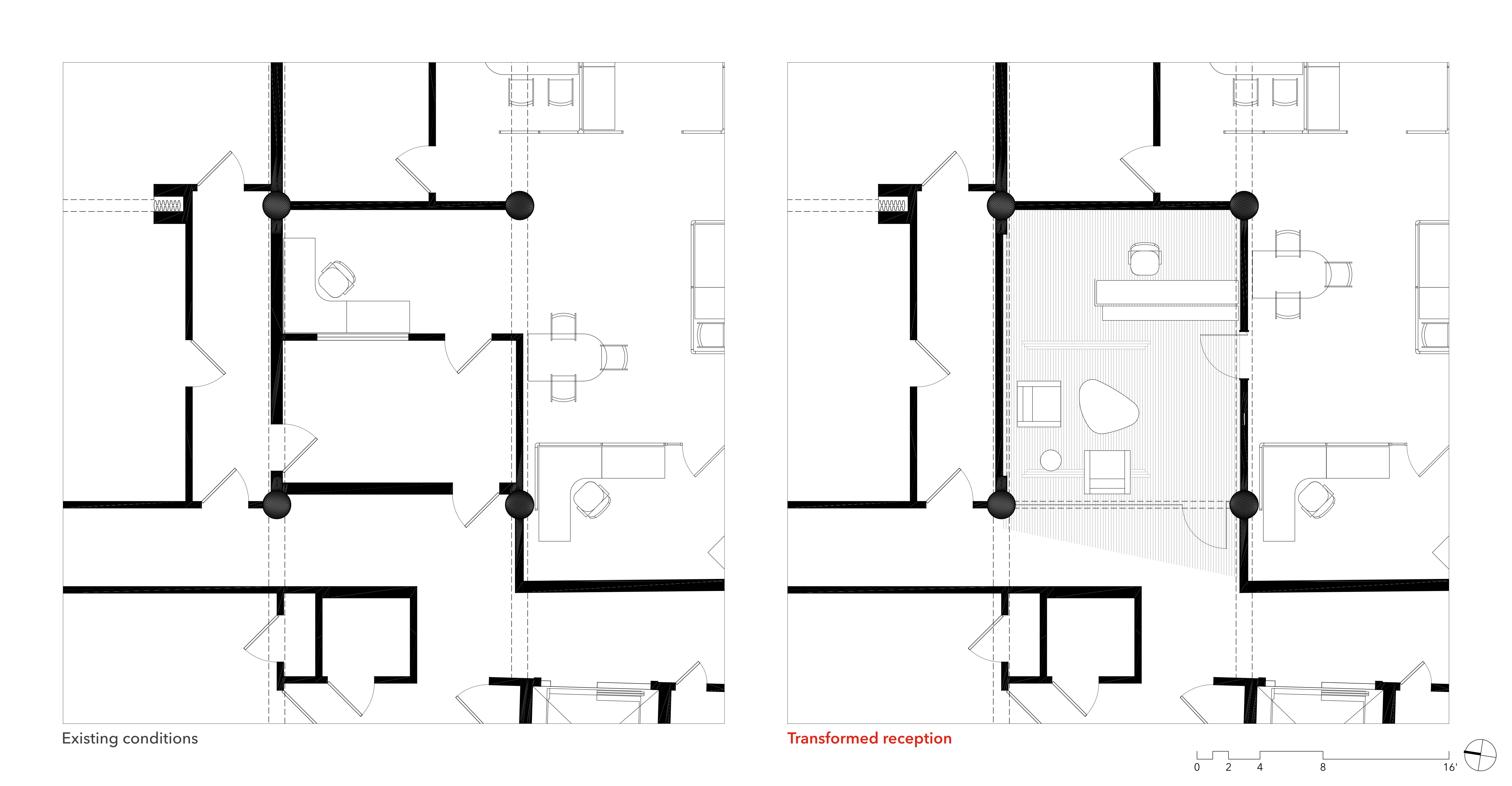 Before and after floor plans showing the transformation of the reception space