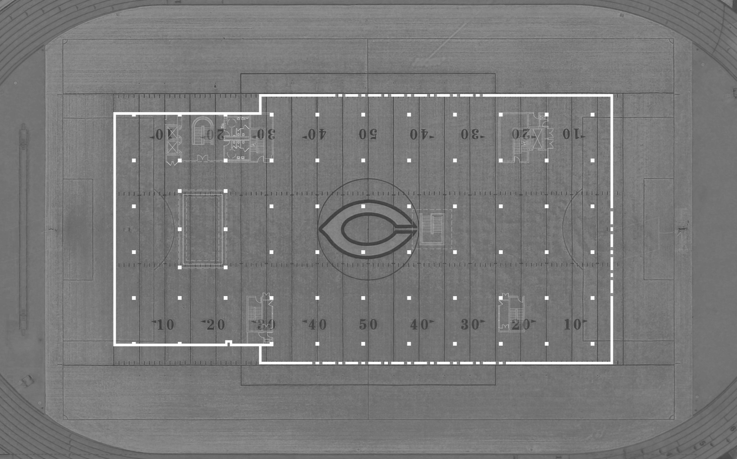 Crerar floor plate superimposed on Stagg Field, showing how it is nearly football field-sized