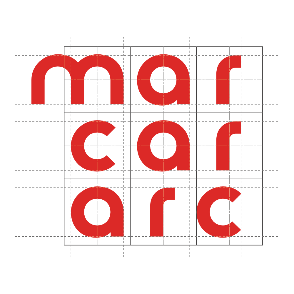 Initial logo layout within a nine square grid, showing centerlines and layout lines