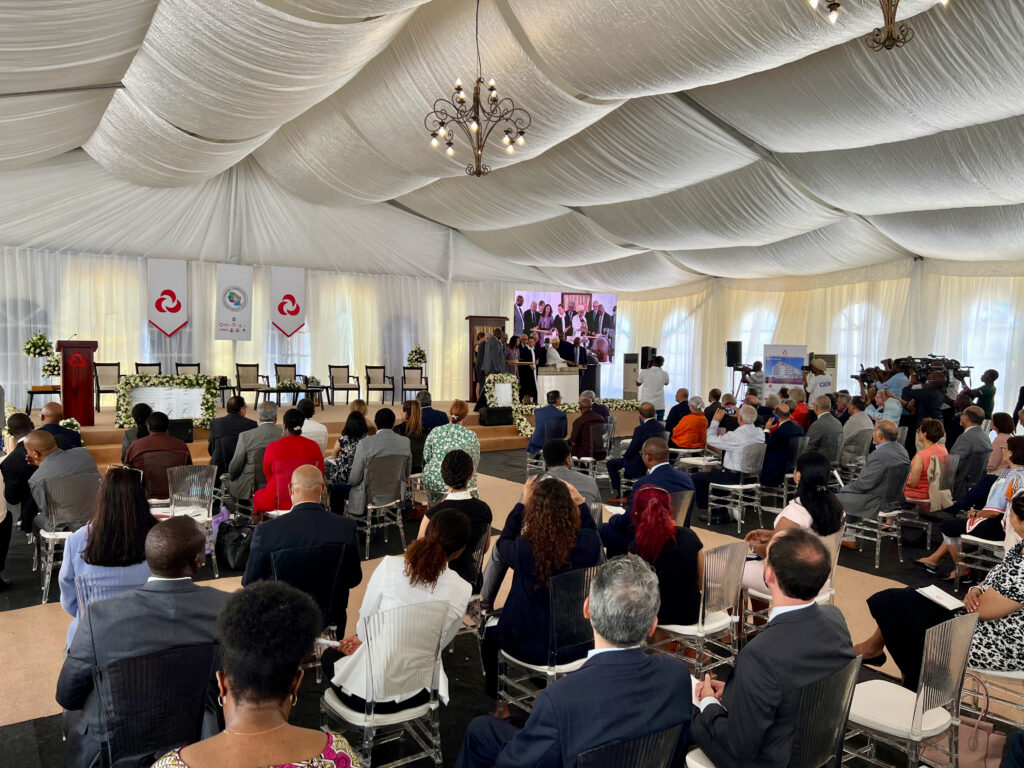 Photo of foundation stone laying ceremony taken inside event tent at Aga Khan Hospital