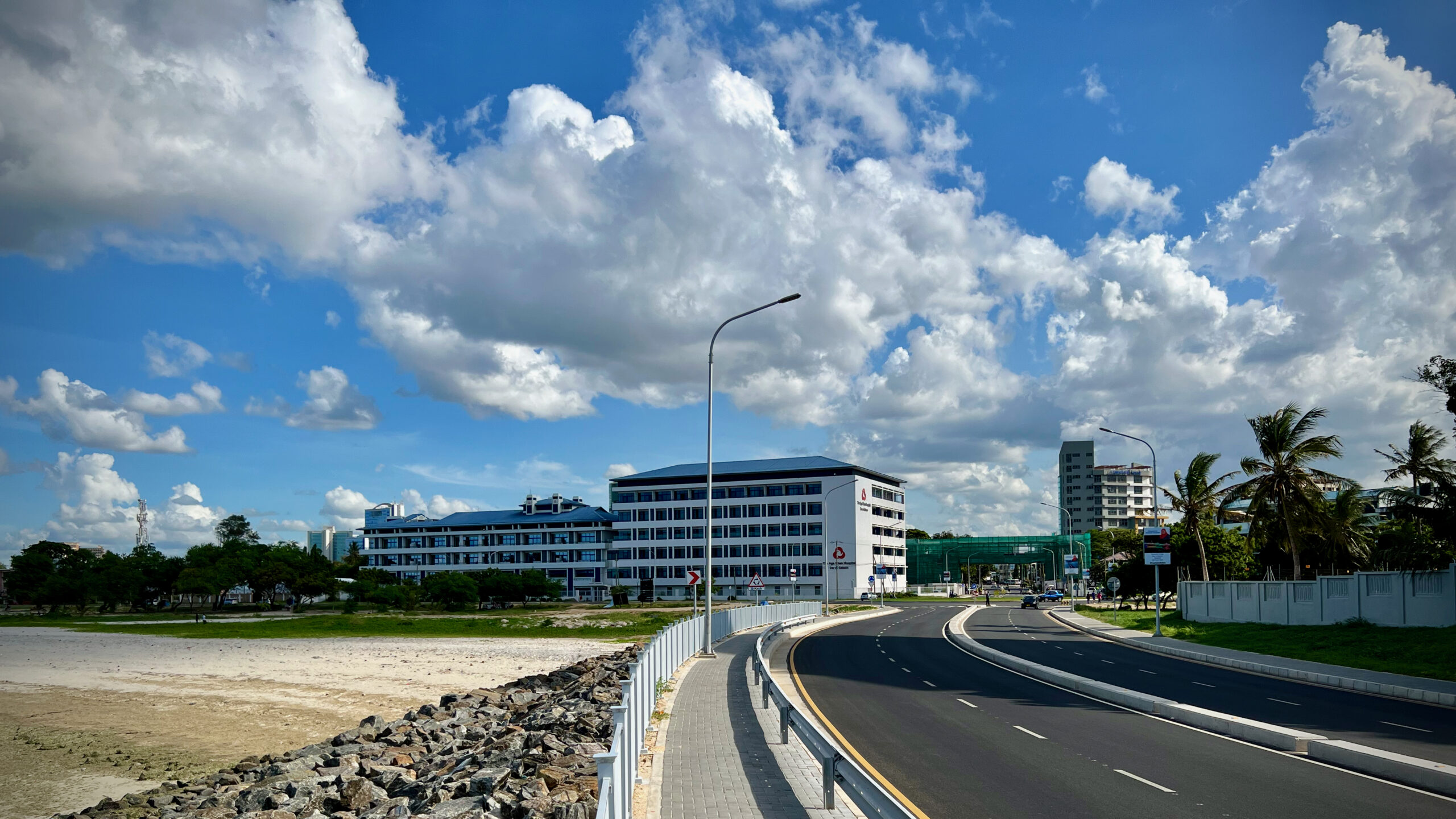 Photo of Aga Khan Hospital on new approach road leading from Tanzanite Bridge