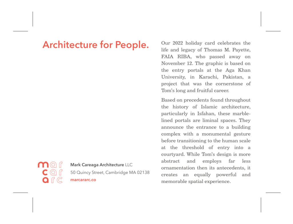 Front of notecard, with MCA's "Architecture for People" motto, firm address and logo, and description of the holiday card